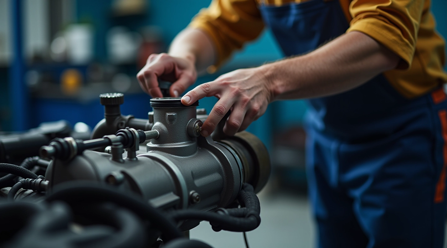 Skilled technician performing power steering pump repair with specialized tools