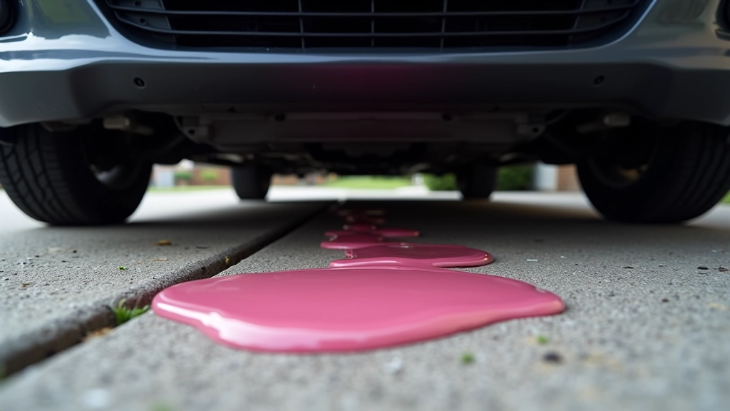 Underneath vehicle showing power steering fluid drip marks on driveway concrete with pink liquid residue