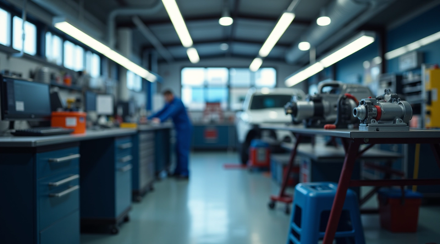 Modern automotive service facility with power steering pump repair equipment and professional technician workspace