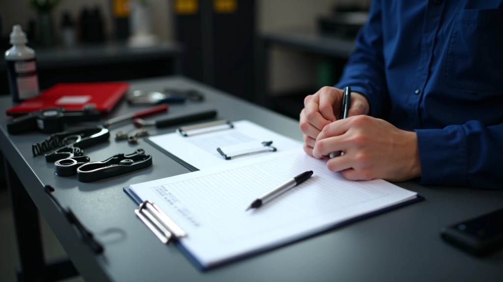 Regular maintenance checklist items for power steering system laid out on service workbench with diagnostic tools and documentation