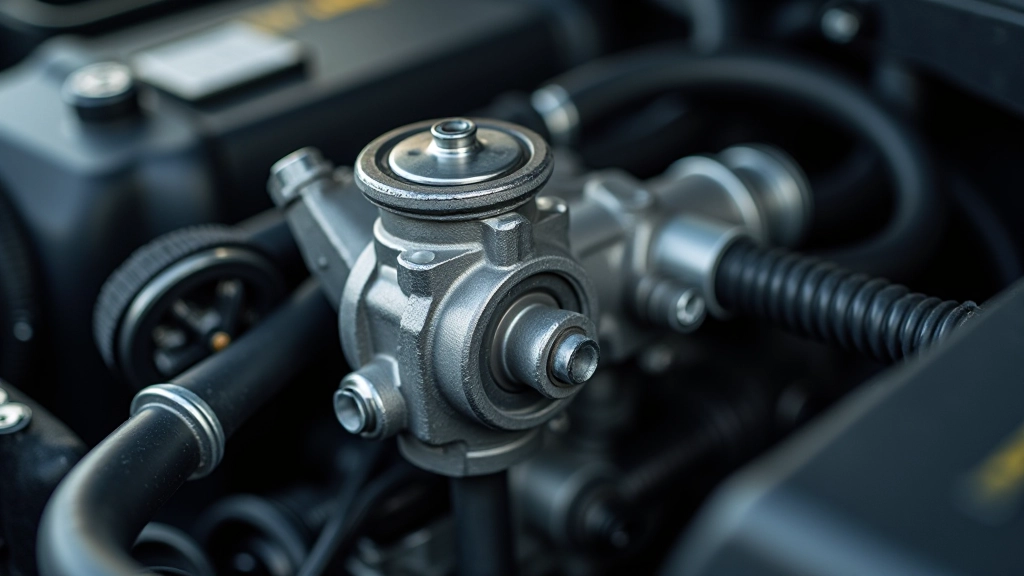 Close-up view of power steering pump mounted on engine block showing wear patterns and connection points