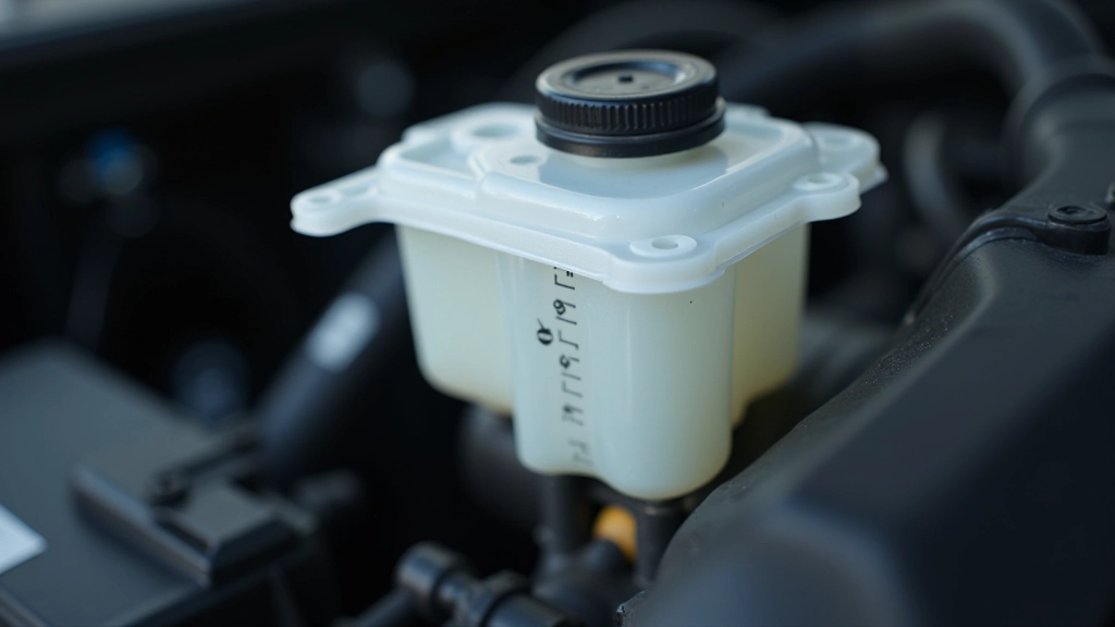 Close-up view of power steering fluid reservoir with level markings clearly visible, engine bay with natural lighting