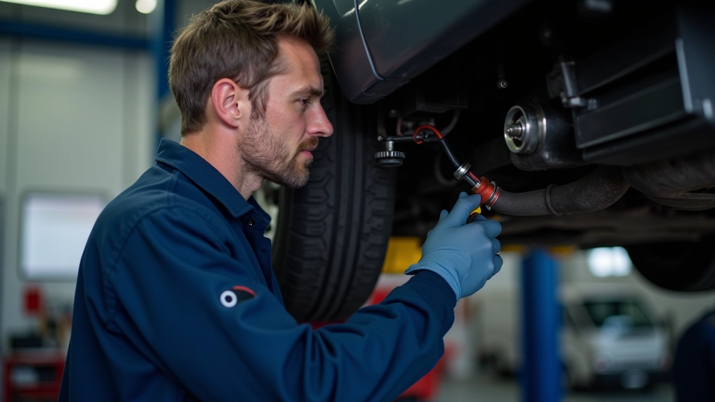 Mechanic performing hands-on inspection of power steering hoses and connections under vehicle on lift, professional workshop setting