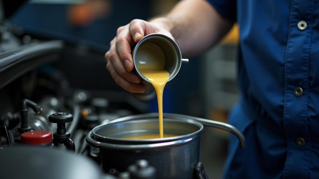 Technician draining old red power steering fluid from reservoir into drain pan, close-up of fluid container showing discoloration