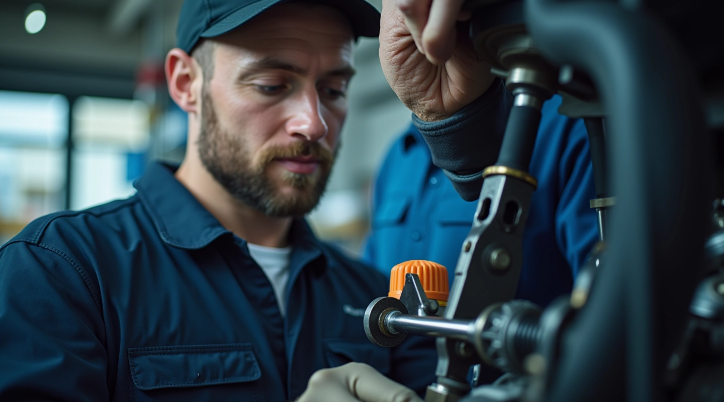 Professional mechanic inspecting power steering pump component with specialized tools in well-lit automotive service bay