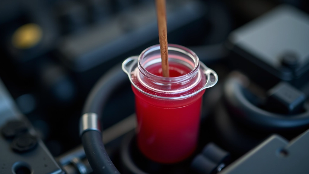 Close-up of red power steering fluid being checked with dipstick in engine bay with clear visibility of fluid level