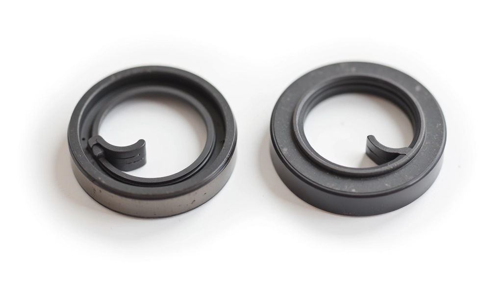 Damaged power steering pump seal showing wear patterns and deterioration next to new replacement seal component