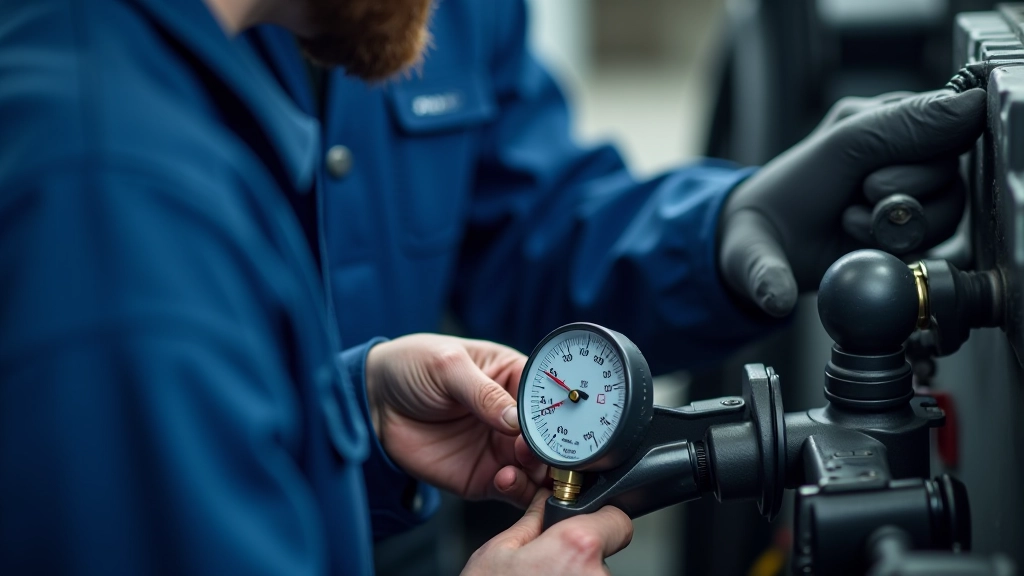 Technician using diagnostic pressure testing equipment on power steering system at professional service center, detailed workspace
