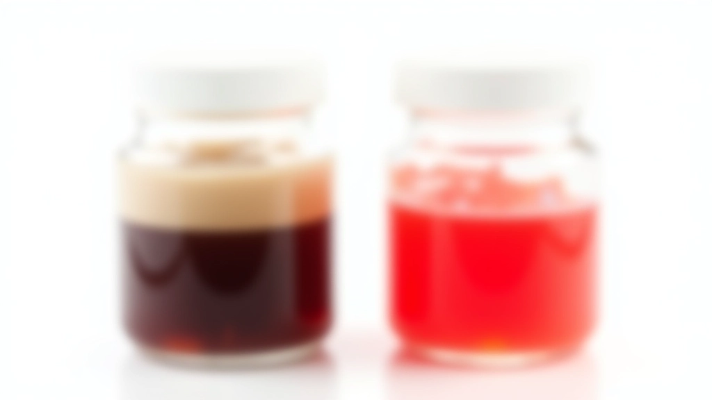 Comparison of old dark contaminated power steering fluid next to fresh red new fluid in clear containers showing color difference